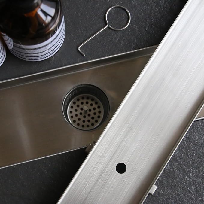 24 Inch Linear Shower Drain with Tile Insert Grate, Brushed | 304 Stainless Steel, Rectangle Tile Floor Drain for Bathroom, with Hair Strainer, Adjustable Feet, cUPC Certified