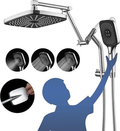 12" High Pressure Rain/Rainfall Shower Heads With Handheld Spray Combo (3+1 Settings & Built-in Power Wash Mode), Double/Dual Shower Head With Handheld - Height/Angle Adjustable(Polished Chrome)