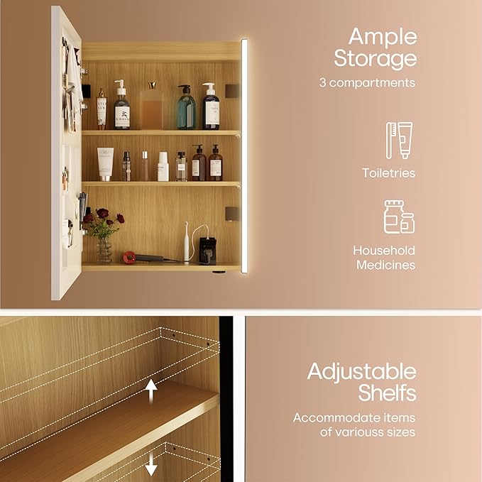 28x20 LED Lighted Bathroom Medicine Mirror Cabinet with Sockets & USBs, Anti-Fog Dimmable Light and Color Adjustment, Easy to Install, Moisture-Resistant Wood, Oak