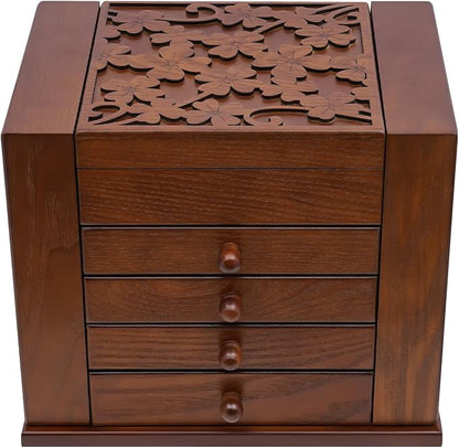 Extra Large Four-Leaf Carved 5 Layers Wooden Jewelry Box Jewelry Case Cabinet Armoire Ring Necklacel Gift Storage Box Organizer (5 Layers,Brown,Style 2)