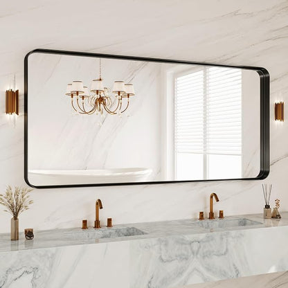 72 x 32 Inch Black Metal Framed Bathroom Mirror for Wall, Matte Framed Rounded Rectangular Modern Mirrors for Over Sink, Anti-Rust, HD Tempered Glass, Farmhouse, Hangs Horizontally or Vertically