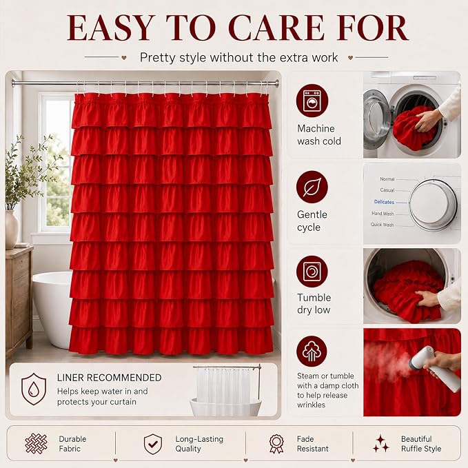 Red Ruffle Shower Curtain for Bathroom, 72x72, Cottagecore Rural Farmhouse | Cascading Layered Ruffles, Standard 72" x 72" Fits Most Tubs & Showers, 12 Hooks Inclouded, Machine Washable, Soft Microfiber