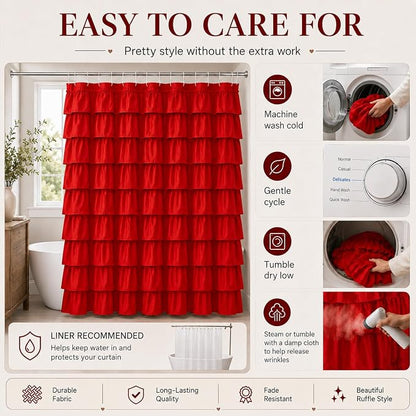 Red Ruffle Shower Curtain for Bathroom, 72x72, Cottagecore Rural Farmhouse | Cascading Layered Ruffles, Standard 72" x 72" Fits Most Tubs & Showers, 12 Hooks Inclouded, Machine Washable, Soft Microfiber