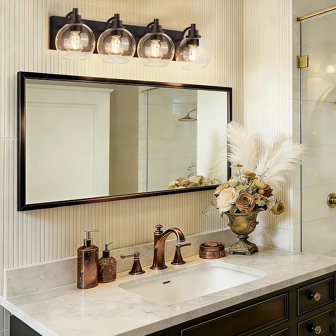 IZORRO Bathroom Light Fixtures, 4-Light Oil Rubbed Bronze Vanity Light, Modern Wall Sconces with Globe Clear Glass Shade, Vanity Lighting Fixtures Over Mirror,E26 Bulb Socket