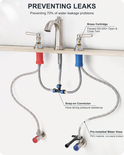 3 Hole Bathroom Faucet Brushed Nickel, 8 Inch 2 Handles with Drain | Lead-Free Brass, Widespread Bathroom Sink Faucet, Pre-installed cUPC Supply Lines, 10 Mins Install, For Vanity Rv Lavatory