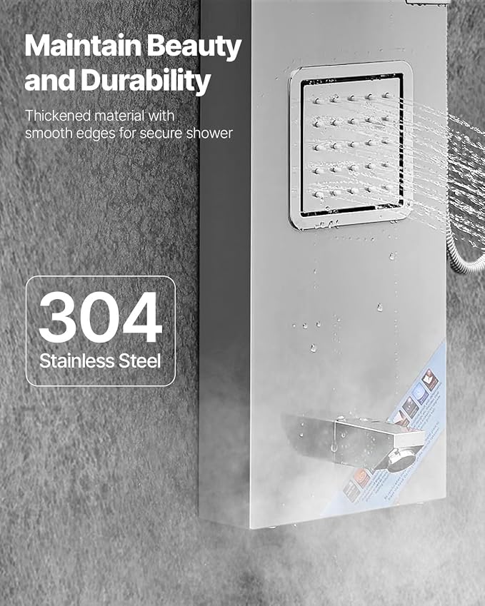 VEVOR Shower Panel Tower System with Rainfall Waterfall Shower Head, 53 in Brushed Stainless Steel Shower Column, 5-Function Faucet, Wall-Mount Rain Massage System with 2 Body Jet, Handheld, Tub Spout