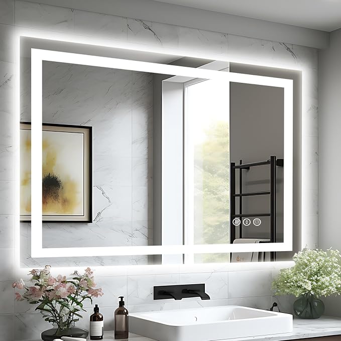EchosLife 44"x36" LED Light Mirror for Bathroom | Backlit + Front Lit, Anti-Fog, Stepless Dimmable, 3 Colors, Memory, Tempered Glass, UL Listed, Horizontal/Vertical