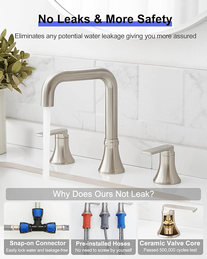 Brushed Nickel 8 Inch Widespread Bathroom Faucet, 360 Degree Swivel Bathroom Sink Faucet 3 Hole, 2 Handles with Pop-Up Drain & Water Hoses for Lavatory Vanity