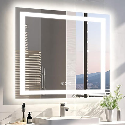 EchosLife 36"x36" Square LED Bathroom Mirror | Backlit + Front Lit, Anti-Fog, Stepless Dimmable, 3 Colors, Memory, Tempered Glass, UL Listed, Horizontal/Vertical