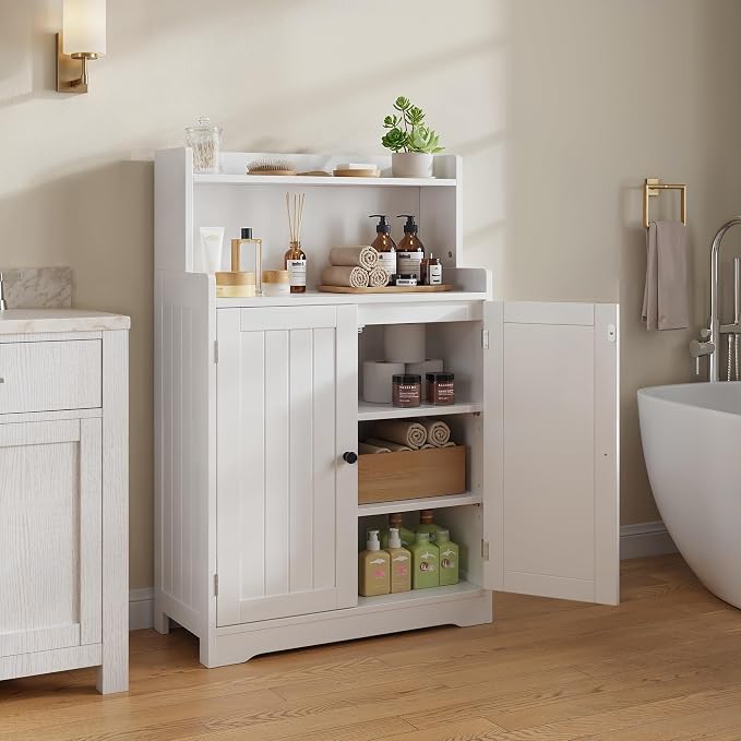 Gizoon 40" H Bathroom Storage Cabinet with 2 Adjustable Shelves, White | Freestanding Organizer with 2 Doors, Floor Pantry Cabinet for Dining Room, Kitchen, Living Room, Hallway