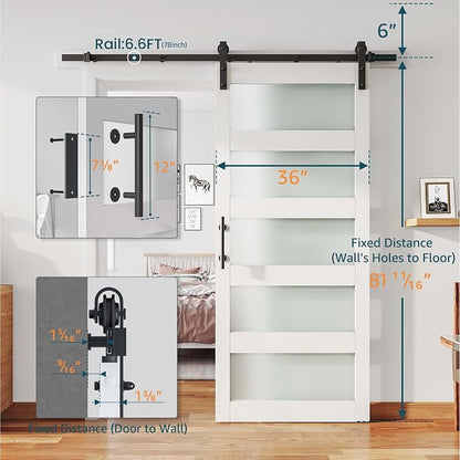 36'' x 80'' Glass Barn Door and 6.6Ft Hardware Kit Included White | MDF White Barn Door Slab with Frosted Glass, PVC Surface, Combined with Handle and Floor Guide-Assembly Required