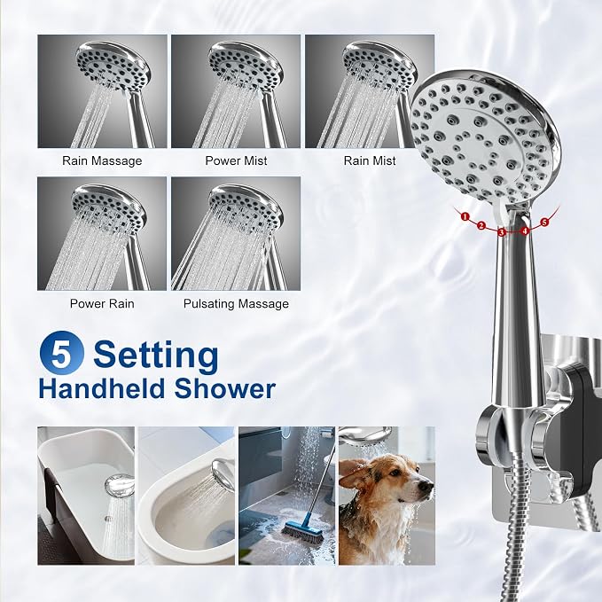 Shower Head, 8'' Rain Shower Head with Handheld Spray, High Pressure Rainfall Showerhead Combo with Adjustable Shower Extension Arm 5 Modes Handheld Shower Heads Detachable Dual Shower, Chrome