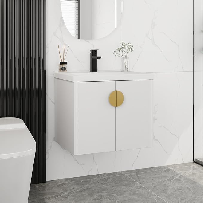 24 Inch Floating Vanity, 24" Bathroom Vanity with Sink, Single Sink Wall Mounted Vanity Combo, Modern Wall Mounted Cabinet Set with Ceramic Sink,White