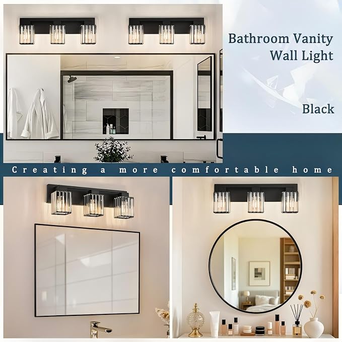 3-Light Modern Bathroom Light Fixtures, Black Vanity Light Over Mirror | Bathroom Vanity Wall Light with Square Crystal Shades, Vanity Lights for for Mirror, Bathroom, Restroom, E26 Socket, ETL