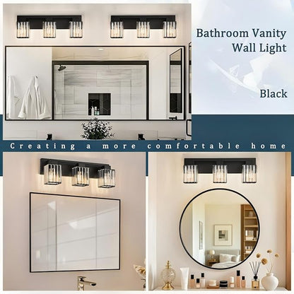 3-Light Modern Bathroom Light Fixtures, Black Vanity Light Over Mirror | Bathroom Vanity Wall Light with Square Crystal Shades, Vanity Lights for for Mirror, Bathroom, Restroom, E26 Socket, ETL