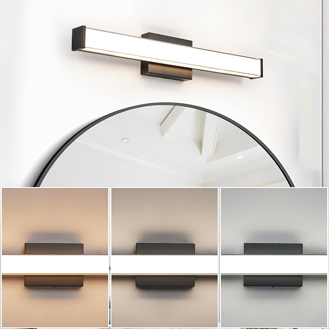 Modern LED Bathroom Vanity Light 24 inch 18W Dimmable 3CCT Bathroom Light Fixture Over Mirror Rectangle Bath Vanity Light Bar with Double Layer Acrylic Shade (Matte Black)