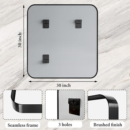 Bathroom Mirror for Wall, 30 Inch Square Mirror, Matte Black Metal Framed Square Vanity Mirror for Bathroom Bedroom Living Room Entryway, Anti-Rust, Tempered Glass, Hanging or Leaning