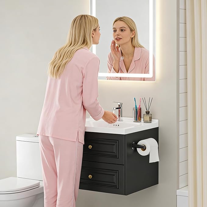 24" Bathroom Vanity with Sink, Floating Bathroom Vanity with with Marble Ceramic Basin Top and 2 Storage Drawers, Modern Storage Cabinet for Small Space, Black