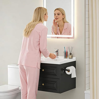 24" Bathroom Vanity with Sink, Floating Bathroom Vanity with with Marble Ceramic Basin Top and 2 Storage Drawers, Modern Storage Cabinet for Small Space, Black
