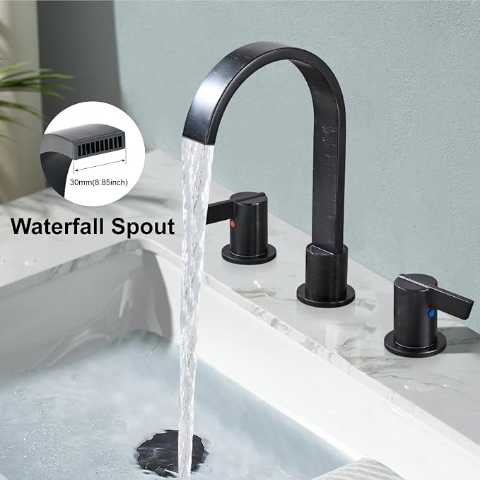 Midanya 8 Inch Widespread Bathroom Sink Faucet 3 Hole,Oil Rubbed Bronze | Waterfall Swivel Spout,2 Handle,SUS304,with Pop Up Drain,cUPC 24" Water Hose,for 6-16” hole distance vanity,RV,Farmhouse Sink