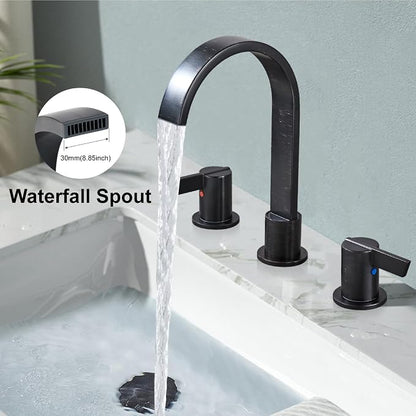 Midanya 8 Inch Widespread Bathroom Sink Faucet 3 Hole,Oil Rubbed Bronze | Waterfall Swivel Spout,2 Handle,SUS304,with Pop Up Drain,cUPC 24" Water Hose,for 6-16” hole distance vanity,RV,Farmhouse Sink