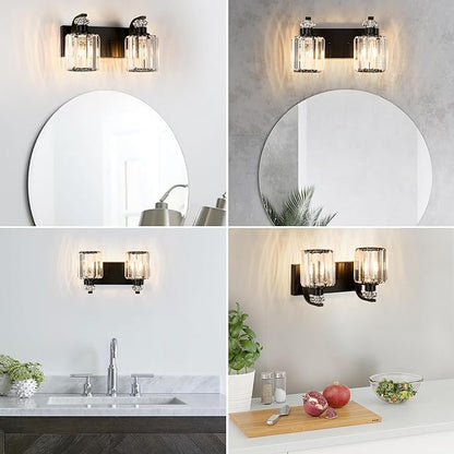 Black Bathroom Light Fixtures with K9 Crystal Lampshade Bathroom Lighting Over Mirror Vanity Lights for Living Room,Bedroom,Restroom,Hallway 2 Lights
