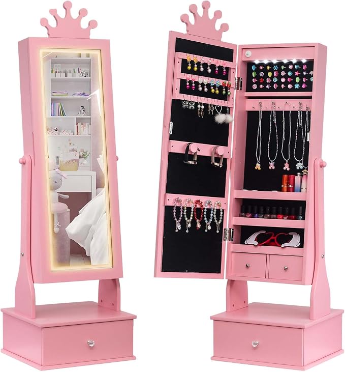 Kids Jewelry Cabinet with Full-Length Mirror, Freestand Mirror with Storage Drawers, Kids Vanity Dress Up Mirror with Jewelry Organizer, 46" Jewelry Armoire for Kids Bithday, Girls Xmas Gifts(Pink)
