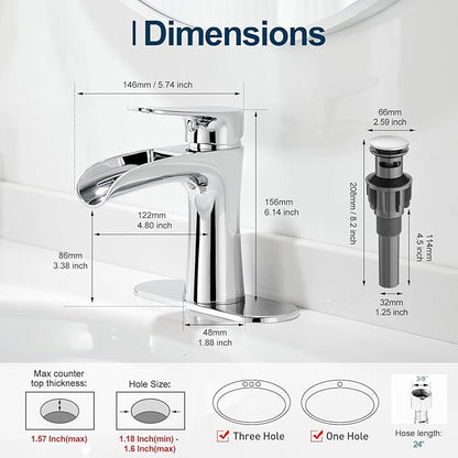 VOTON Chrome Bathroom Faucets Single Handle Waterfall Sink Faucet One Hole or Three Holes with Deck Mount Vanity Farmhouse RV Vessel Basin Faucet