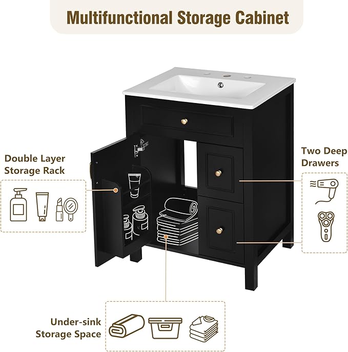 Favfurish 24" Bathroom Vanity with Ceramic Sink,Free Standing Single Basin Vanity w/Soft Close Door and Soft Closing Drawers,Wooden Bath Cabinet with Double Storage Racks on The Door,Black