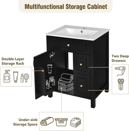 Favfurish 24" Bathroom Vanity with Ceramic Sink,Free Standing Single Basin Vanity w/Soft Close Door and Soft Closing Drawers,Wooden Bath Cabinet with Double Storage Racks on The Door,Black