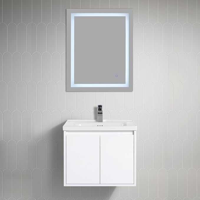 Blossom 24 Inch Glossy White Plywood Floating Bathroom Vanity with Ceramic Sink, Preassembled Wall Mounted Small Bathroom Vanity Cabinet with Soft Close Doors
