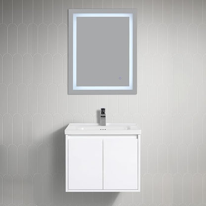 Blossom 24 Inch Glossy White Plywood Floating Bathroom Vanity with Ceramic Sink, Preassembled Wall Mounted Small Bathroom Vanity Cabinet with Soft Close Doors