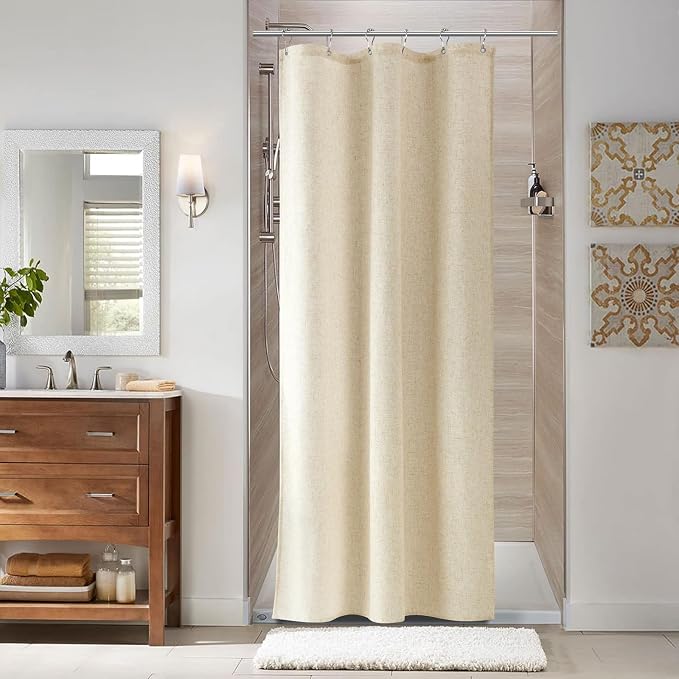 Stall Linen Shower Curtain 36 x 72, Narrow Half Small Beige Ultra Thick Fabric Shower Curtain Set with 6 Hooks, Natural Boho Farmhouse Rustic RV Camper Bath Curtains for Bathroom, Cream