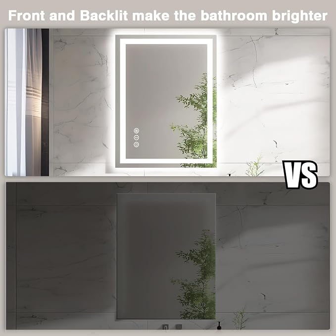EchosLife 20"x28" LED Bathroom Mirrors for Wall | Backlit + Front Lit, Anti-Fog, Stepless Dimmable, 3 Colors, Memory, Tempered Glass, UL Listed, Horizontal/Vertical