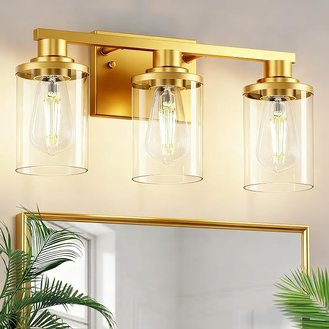 L LOHAS LED 3-Light Bathroom Vanity Light, Gold | Modern Gold Bathroom Light Fixture for Bathrooms, Bedrooms and Hallways