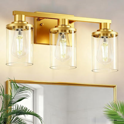 L LOHAS LED 3-Light Bathroom Vanity Light, Gold | Modern Gold Bathroom Light Fixture for Bathrooms, Bedrooms and Hallways