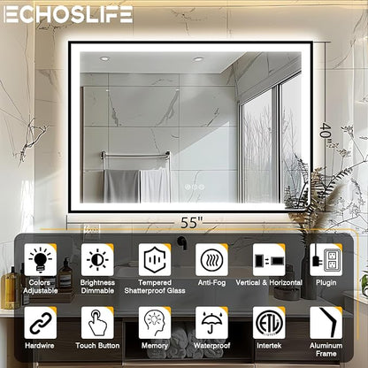 EchosLife 55x40 Bathroom Mirror with LED Lights - Black Framed | Black Frame, Front and Backlit, Anti-Fog, Stepless Dimmable, 3 Colors, Memory, Tempered Glass, UL Listed, Horizontal/Vertical