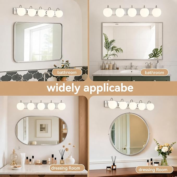 5 Lights Vintage Bathroom Vanity Light Fixtures Over Mirror, Brushed Nickel Vanity Lights For Bathroom With Milk White Glass Globe Shade, Wall Lights For Bedroom, Hallway, Dressing Table(G9 Incl.)