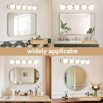 5 Lights Vintage Bathroom Vanity Light Fixtures Over Mirror, Brushed Nickel Vanity Lights For Bathroom With Milk White Glass Globe Shade, Wall Lights For Bedroom, Hallway, Dressing Table(G9 Incl.)