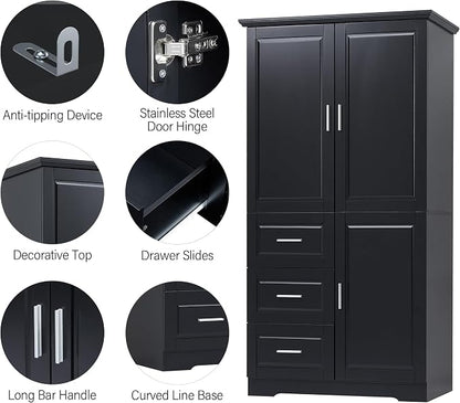 Merax 62.2" Pantry Cabinet with Three Doors & Three Drawers, Adjustable Shelves Storage Cupboard for Kitchen/Dining Room/Bathroom, Black
