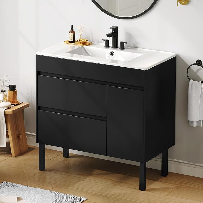 YITAHOME 36 Inch Bathroom Vanity with Sink | Bathroom Cabinet Vanity for Media Space, Freestanding Storage Bathroom Vanity with 1 Soft Closing Cabinet & 2 Drawers, Black