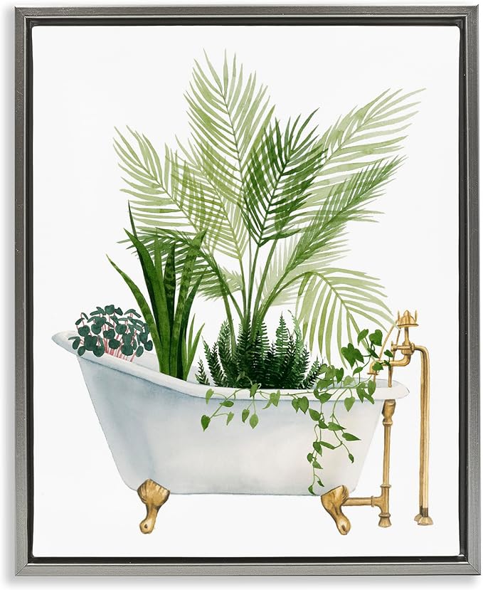 Vintage Tub Botanical, 24 x 30 Inch Canvas in Floater Frame | Stupell Industries · By Grace Popp · Ready to hang · Great for bathroom or laundry room · Made in USA