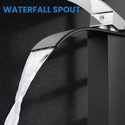 Airuida Tall Waterfall Spout Bathroom Faucet Matte Black&Chrome Polish Single Handle Vessel Sink Faucet One Hole Vanity Farmhouse Lavatory Washbasin Deck Mount Mixer Tap