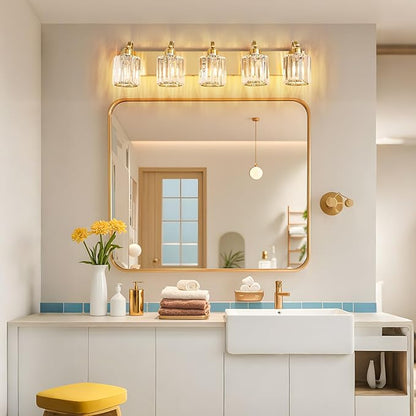 Modern Crystal Bathroom Vanity Light 5 Lights Crooked Gold Vanity Lighting Over Mirror Bathroom Wall Lighting Fixtures with Round Shade (Exclude Bulb)