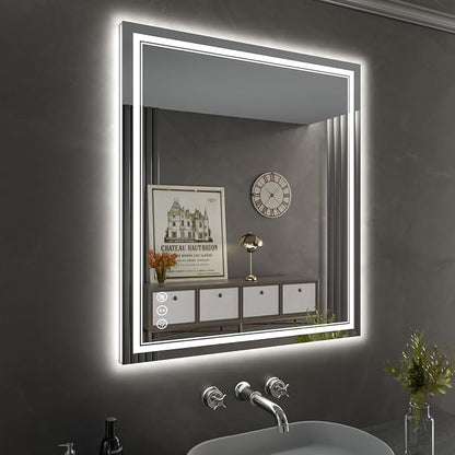 32x36 Inch LED Bathroom Mirror with Lights | Front and Backlit, 3 Colors, Dimmable, Memory, Anti Fog, Shatterproof, Horizontal/Vertical, Lighted Mirrors for Bathroom Wall