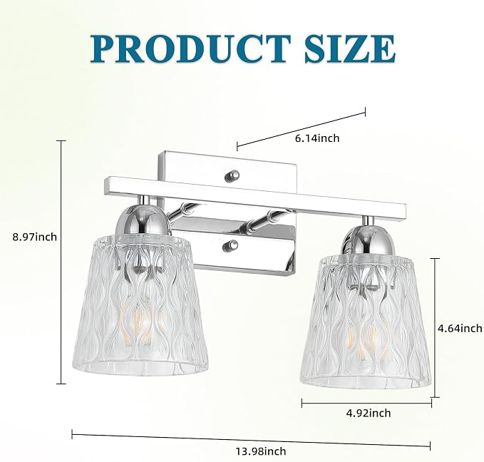 Mecgirn Stainless Steel Bathroom Vanity Light Over Mirror, 2 Light Polished Chrome Bathroom Light Fixtures with Textured Glass Shades, Modern Vanity Lighting Wall Mount