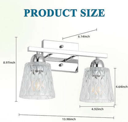 Mecgirn Stainless Steel Bathroom Vanity Light Over Mirror, 2 Light Polished Chrome Bathroom Light Fixtures with Textured Glass Shades, Modern Vanity Lighting Wall Mount