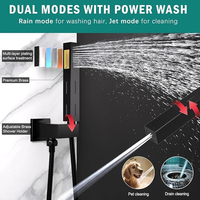 Enga Dual Shower Head System with Tub Spout, Ceiling Mount 10 Inch Shower Head with 6 Inch Wall Mount Shower Head, 4 Way Diverter Shower Faucet with 2 in 1 Handheld, Matte Black