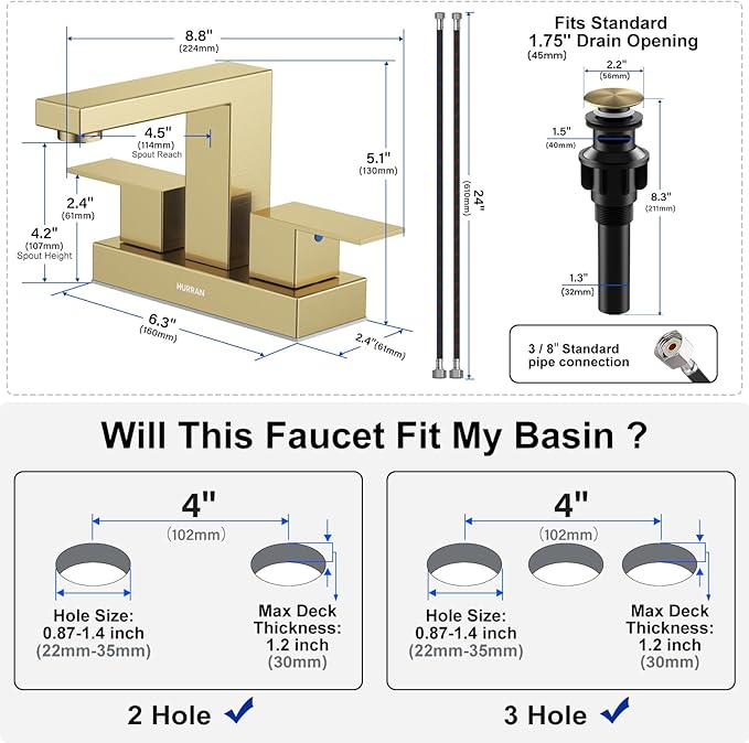 Bathroom Sink Faucet, Hurran 4 inch Brushed Gold Bathroom Faucets for Sink 3 Hole with Pop-up Drain and Supply Lines, Stainless Steel 2-Handle Faucet for Vanity RV Restroom
