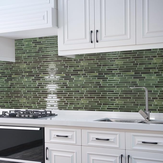 Art3d Peel and Stick Stone Design Wall Tile, 12 x 12 Inch, 10-Sheet, Green | Moisture Resistant, Strong Adhesive, Sturdy, Cleanable, Easy to Install, for Kitchen, Laundry Room, Ideal for New Home Buyers